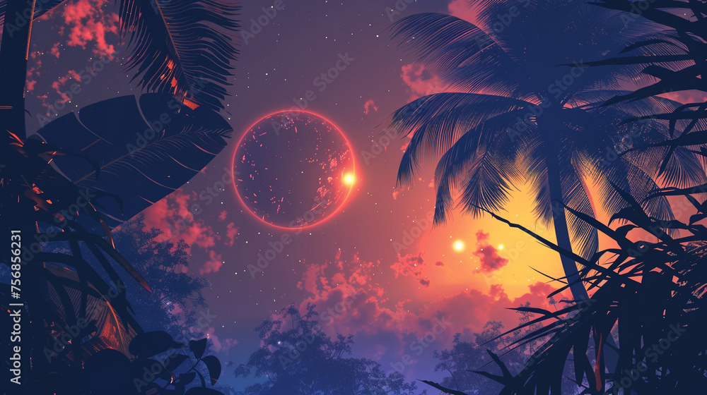 Silhouetted jungle leaves against a backdrop of glowing planets