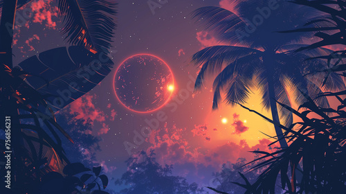 Silhouetted jungle leaves against a backdrop of glowing planets