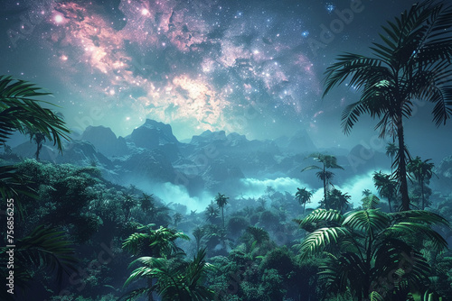 Sparse jungle landscape with a nebula glowing on the horizon
