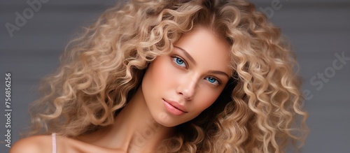 A woman with long, curly blonde hair and striking eyelashes gazes directly at the camera, showcasing her defined jawline and captivating blue eyes