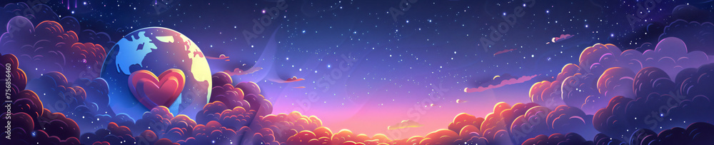Planet Earth with heart on purple cloudy sunset sky. Healthy happy planet. World health day, Earth day, Earth hour. Green planet, ecology concept. Cute cartoon style Planet Earth with heart on purple cloudy sunset sky. Healthy happy planet. World health day, Earth day, Earth hour. Green planet, ecology concept. Cute cartoon style