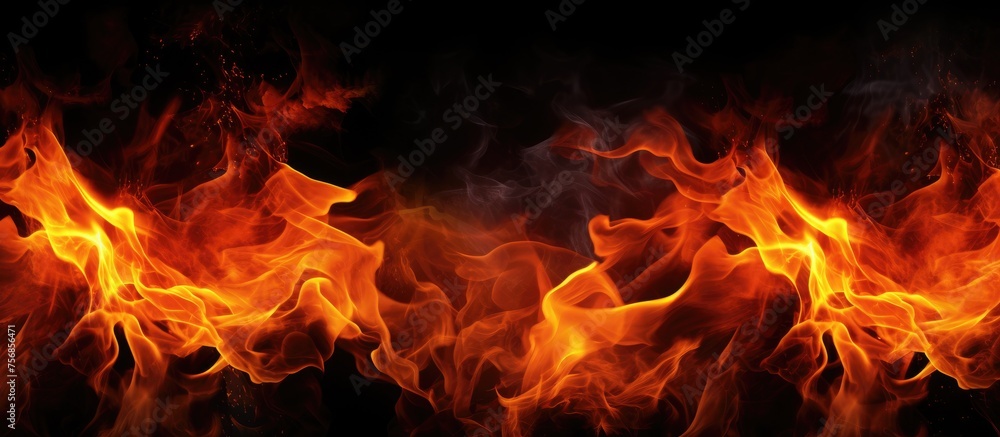 A closeup shot of a vibrant orange flame from a bonfire, dancing in the dark against a black background, radiating heat and gas particles into the sky