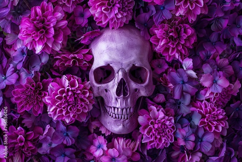 Skull and purple flowers for halloween background. Top view.
