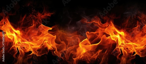 A closeup shot of a vibrant orange flame from a bonfire, dancing in the dark against a black background, radiating heat and gas particles into the sky photo