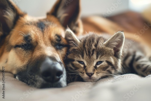 Close up cat and dog lying together on a cozy couch, Animals friendship