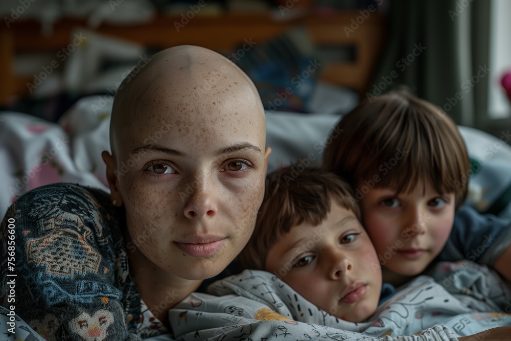 Bald woman with her kids in the bed. Concept of ill, recovery, the fight against the disease, family help and support.
