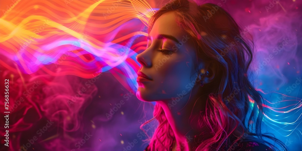 Immersed in Music: A Vibrant Poster of a Woman Surrounded by Colorful Sound Waves. Concept Music, Vibrant, Poster Design, Woman Illustration, Colorful Sound Waves