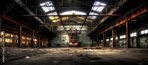Abandoned industrial complex warehouse in high dynamic range image. photo