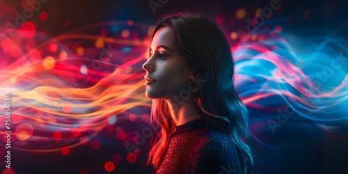 Poster of a woman immersed in music surrounded by vibrant sound waves. Concept Music, Art, Poster Design, Sound Waves, Woman