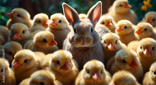 Bunny msmiling into the camera with chickens