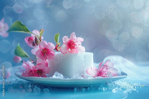 Sugar cube with sakura flowers on blue bokeh background.