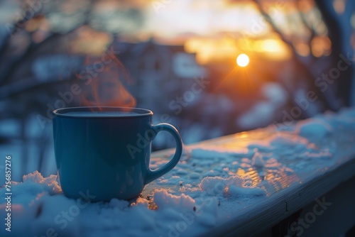 Steaming Coffee Mug on Snowy Winter Morning. Blue mug filled with hot coffee sits on a snowy surface, with a serene winter sunrise in the background.