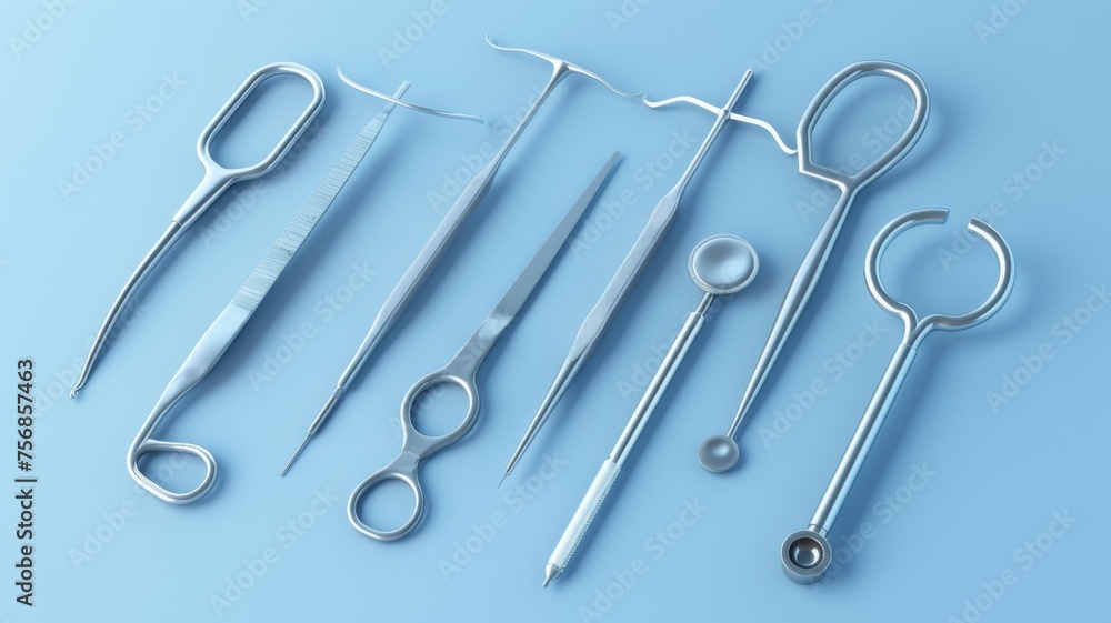 Assorted medical tools on a blue background - Set of sterile surgical instruments neatly presented on a clean blue surface, suggesting precision and cleanliness in healthcare Assorted medical tools on a blue background - Set of sterile surgical instruments neatly presented on a clean blue surface, suggesting precision and cleanliness in healthcare
