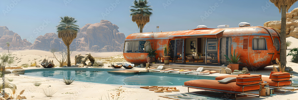 A Desert Oasis Setting,
Awesome collage of travel concept with suitcase airplane traveler