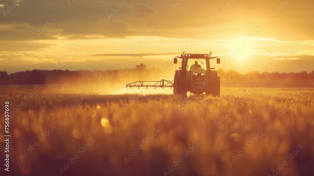 Sunset silhouette of a working tractor in field - The sun sets majestically behind a tractor working the farm field, casting a silhouette against the evening sky
