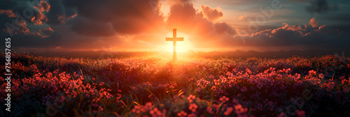Christian Religious Easter Background God Raised,
Cross at sunset in a field christian worship concept
 photo