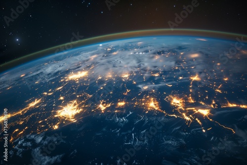 Stunning view of Earth with lights from orbit - A breathtaking orbital photo of the Earth at night, showcasing city lights from a global perspective