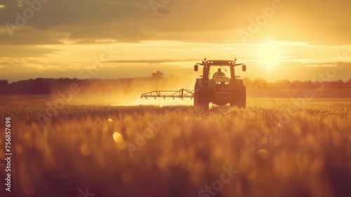 Sunset silhouette of a working tractor in field - The sun sets majestically behind a tractor working the farm field, casting a silhouette against the evening sky
