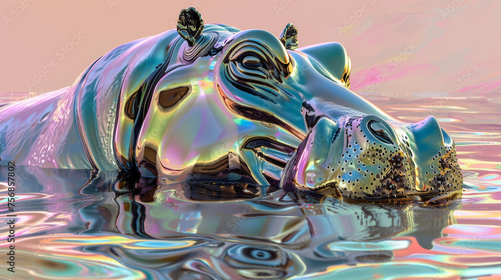 A chrome hippo partially submerged in water, creating captivating ripples around it, gives a surreal and tranquil vibe