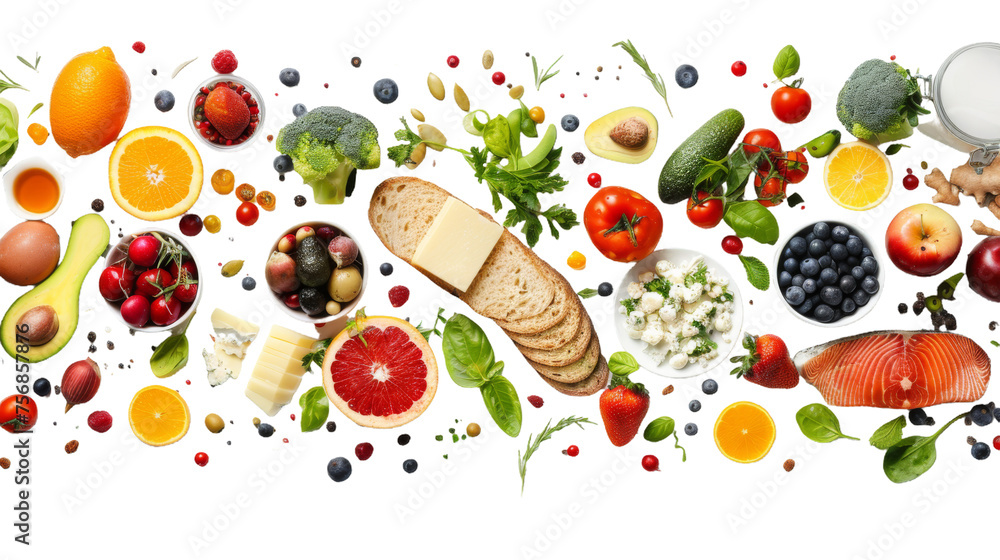 An assortment of nutritious food items such as fruits, vegetables, fish, and cheese neatly presented, promoting healthy eating An assortment of nutritious food items such as fruits, vegetables, fish, and cheese neatly presented, promoting healthy eating