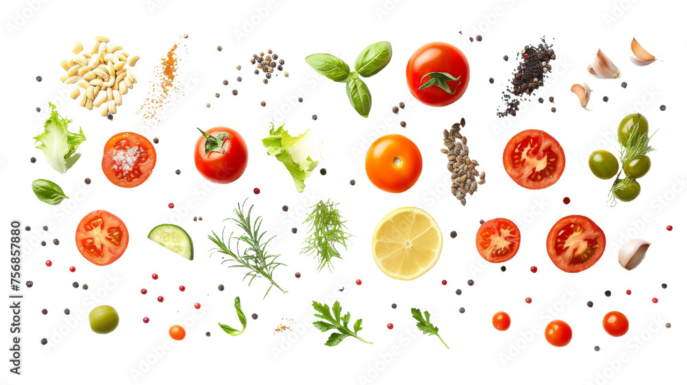 Red ripe tomatoes surrounded by aromatic herbs and spices, artistically laid out on a white background, perfect for culinary designs Red ripe tomatoes surrounded by aromatic herbs and spices, artistically laid out on a white background, perfect for culinary designs