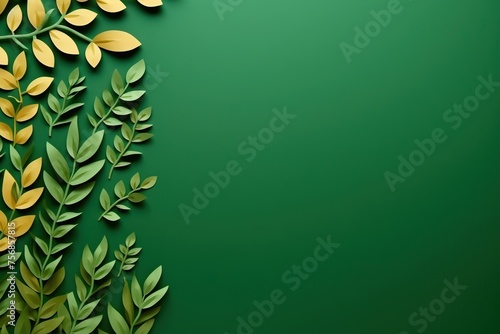 Frame made of plasticine or paper leaves and branches on green background. Earth day. Green planet, ecology concept. Simple design for card, poster, banner photo