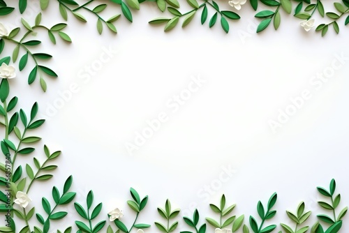 Frame made of plasticine or paper green leaves and branches on white background. Earth day. Green planet, ecology concept. Simple design for card, poster, banner