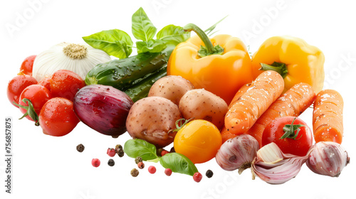 Vibrant fresh vegetables with water droplets  including bell peppers  carrots  tomatoes  and herbs  on a white background