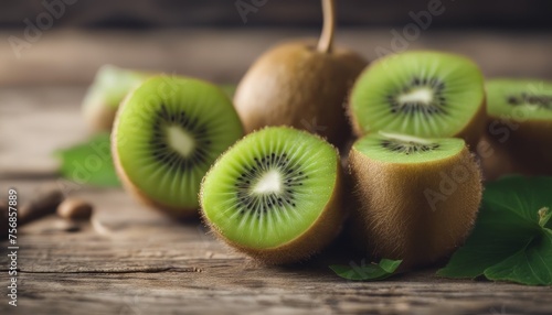 Close up cut fruit kiwi on a wooden background rustic style