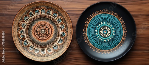Matching decorative plates with tribal ethnic ornament mandala. Home decor .
