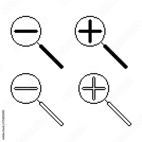 Pixel art Magnifying Glass icon.zoom in zoom out icon set isolated on white background