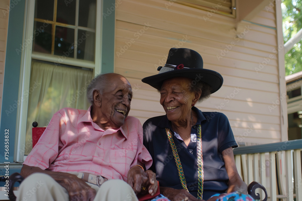 Elderly Couple Sharing Joyful Moment on Porch