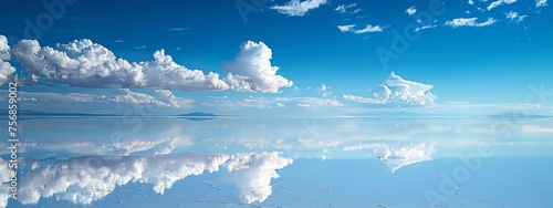 white clouds in the sky above the salt lake white and blue,