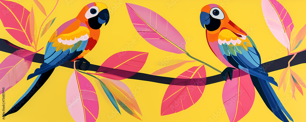 Two parrots in tropical leaves and flowers sitting on a branch on yellow background. Contemporary, pop art style. Bright exotic floral illustration for design, print, background