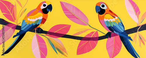 Two parrots in tropical leaves and flowers sitting on a branch on yellow background. Contemporary, pop art style. Bright exotic floral illustration for design, print, background © ratatosk