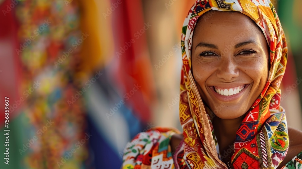 A woman in traditional clothing smiles proudly, celebrating her heritage and the strength of women worldwide