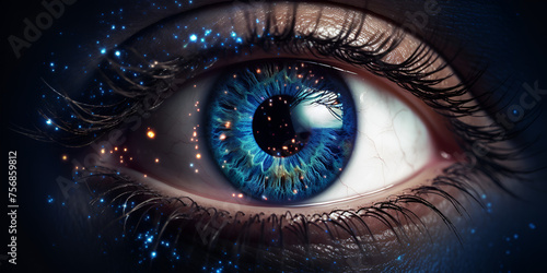 Eye new world future tech Futuristic vision science and identification concept Close-up of a Human Eye Surrounded by Futuristic Cyberspace Elements Depicting Advanced Cyber Technology.