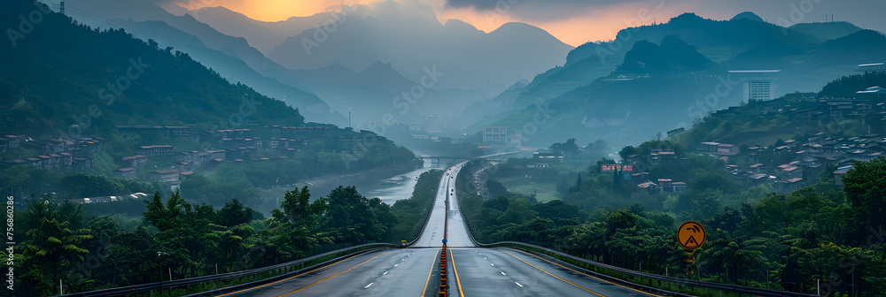 Chongqing Highway Construction,
Mountain landscape at dusk asphalt curves ahead adventurous driving
 - obrazy, fototapety, plakaty 