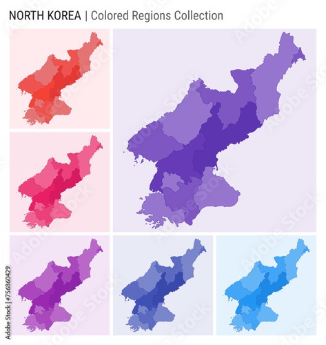 North Korea map collection. Country shape with colored regions. Deep Purple  Red  Pink  Purple  Indigo  Blue color palettes. Border of North Korea with provinces for your infographic.