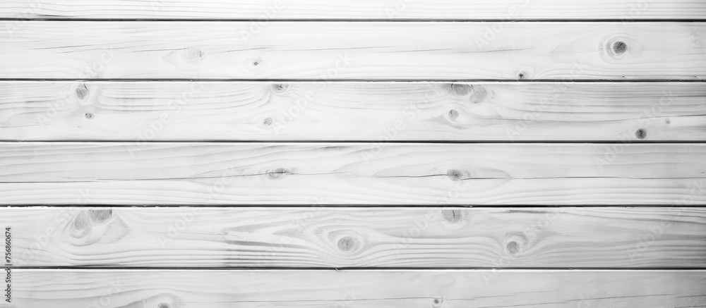 Obraz premium An artistic black and white photo showcasing a white wooden wall with parallel planks, highlighting the hardwood flooring and intricate wood stain pattern