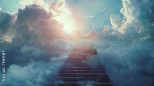 The Easter Religious background with the Christian Cross The Stairway to heaven is a spiritual concept, the stairway to the light of spiritual fantasy, the Dundar effect, the light of Jesus photo