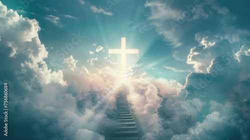 The Easter Religious background with the Christian Cross The Stairway to heaven is a spiritual concept, the stairway to the light of spiritual fantasy, the Dundar effect, the light of Jesus