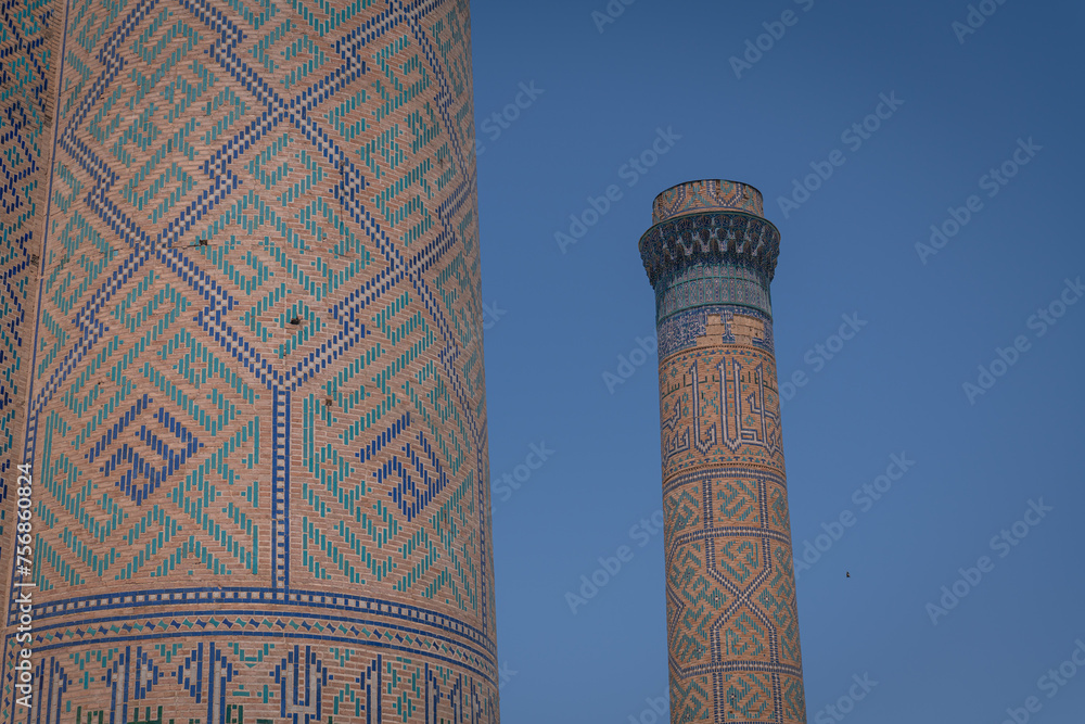 Bibi-Khanym Mosque in Samarkand, Uzbekistan. Blue sky with copy space for text