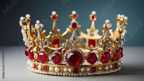 A fancy crown made of gold, pearls, and red diamonds, all by itself on a plain royal-looking background.