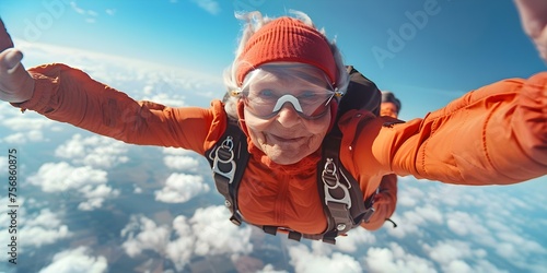 Elderly woman capturing thrilling skydiving moment embracing active senior lifestyle outdoors. Concept Thrilling Skydiving, Active Senior Lifestyle, Outdoor Adventure, Adrenaline Rush