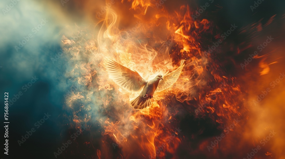 Holy spirit, Dove in flames. Dove flying in the air on a background of fire and smoke.