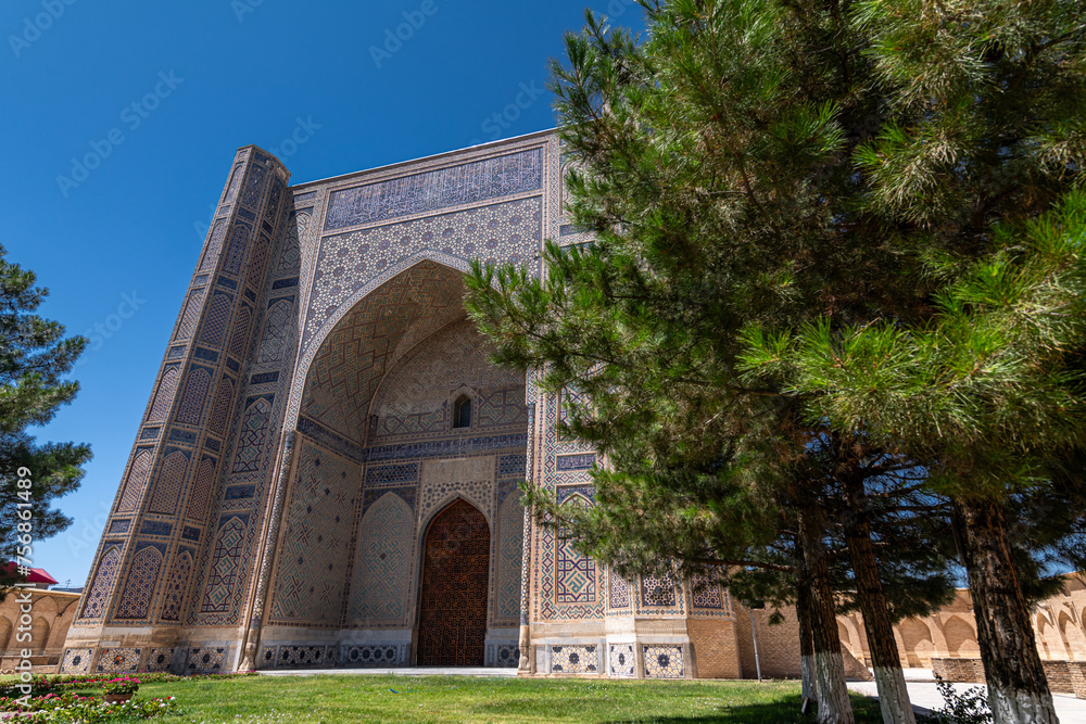 Close up on beautiful dome of Bibi-Khanym Mosque in Samarkand, Uzbekistan