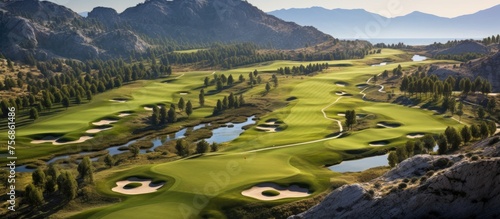 Scenic aerial view of a golf course nestled among mountains with a backdrop of the sky and water bodies, surrounded by lush greenery and trees