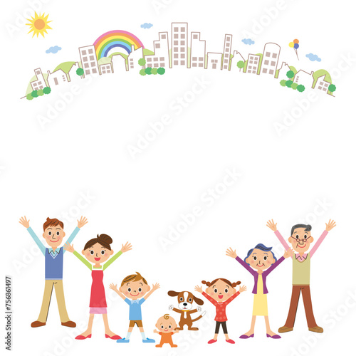 三世代家族が手を上げて街並みで並んでいる