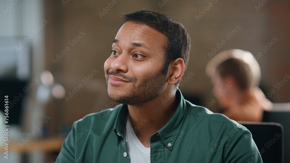 Office manager greeting unrecognizable colleague close up. Worker saying hello